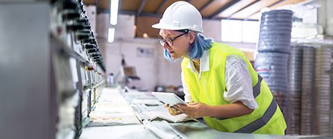 A person wearing a hard hat and holding a tablet device stands in front of a piece of machinery 