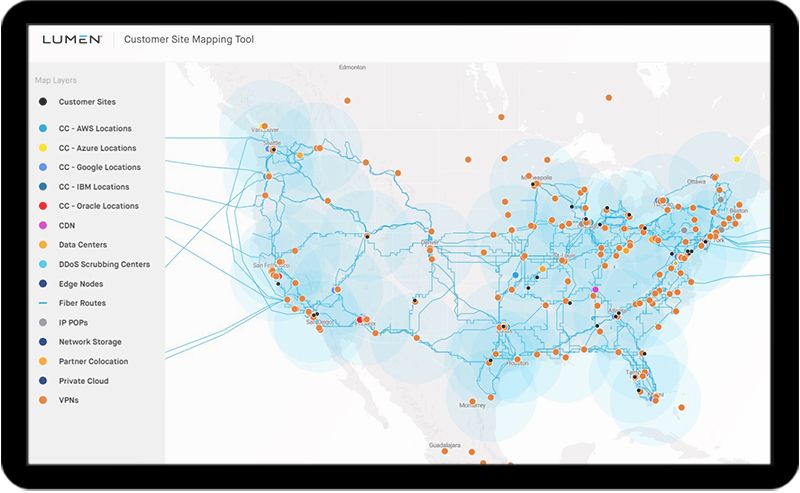 The Lumen Customer Site Mapping tool displays customer sites, data centers and more across a map of the United States
