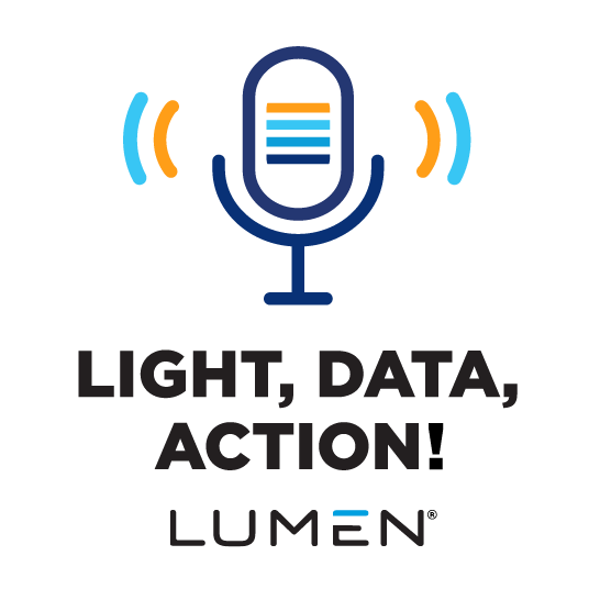 Microphone icon with "Light, Data, Action" and the Lumen logo underneath