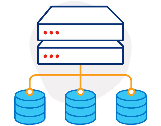 Imagem de uma pilha de servidores com linhas laranjas conectadas a três ícones de pilhas