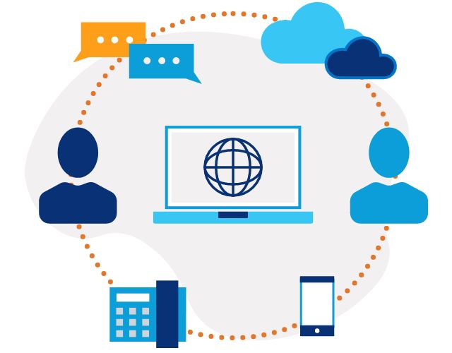 Illustration of a laptop screen with a globe icon on it in the center of 2 people icons, chat icons and cloud icons