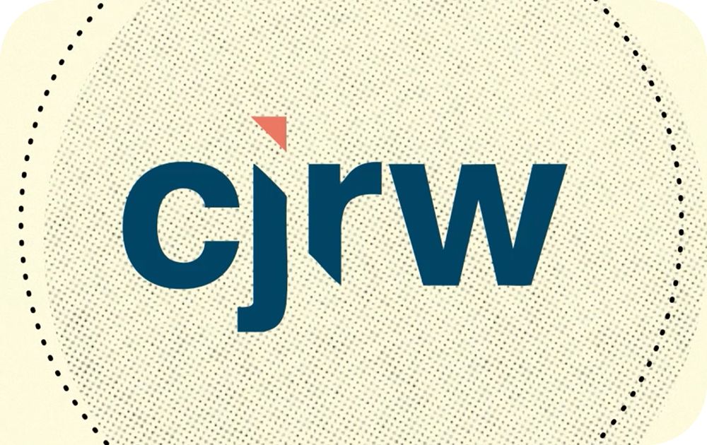 Company logo with name CRJW in lower case letter inside dotted line circle with a texture background 