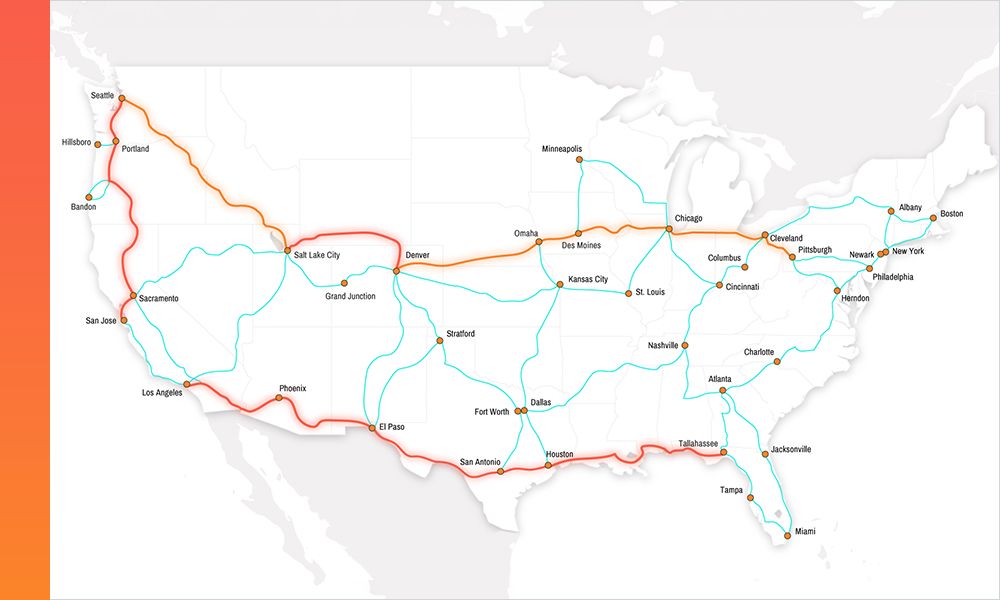 A map of the United States highlights RapidRoutes connectivity linking major metro areas and data center hubs.