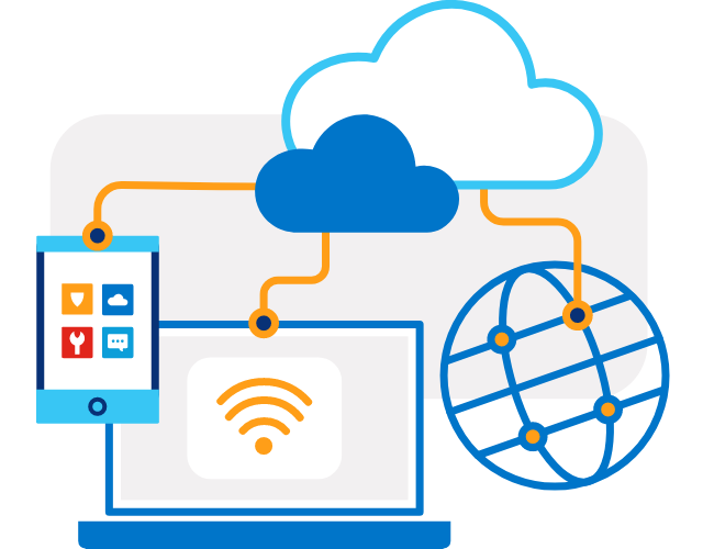 laptop, phone cloud and global connectivity icon
