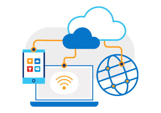 Illustration of clouds with lines connecting to a tablet, laptop and globe icon