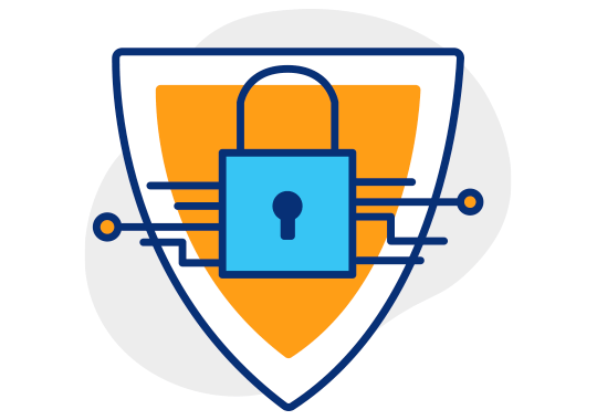 Illustration of an orange shield with a lock icon in the middle