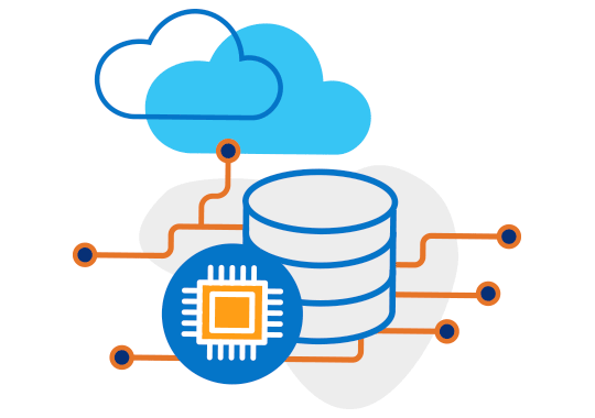 Illustration of a server stack with an icon of a computer chip in front and cloud icons above