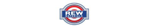 REW Materials logo featuring bold white text on a blue rectangular banner centered over a circular design with red and white concentric rings and a gray outer border.