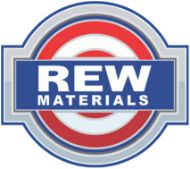 Rew Materials logo in white block letter in blue rectangle over red and white rings underneath.