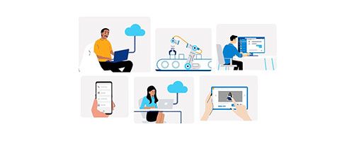 Collage of six illustrations showing various devices and people on computers