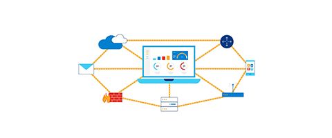 Graphic depiction of computer laptop surrounded by iconic representation of cloud, email, network and apps. 