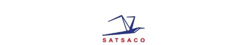 Graphic of flying bird logo with company name, Satsaco, underneath
