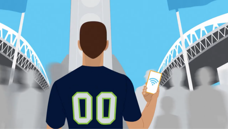 Seahawks fan at a game using a mobile phone to check stats 