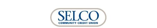  Company name, Selco, with Community Credit Union spelled out underneath surrounded by gray oval shape