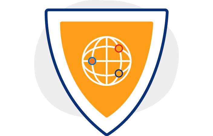 Ilustração de um escudo laranja com um ícone de globo branco na frente
