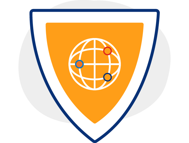 Illustration of an orange shield with a white globe icon on the front