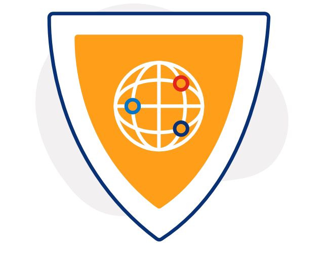 Illustration of an orange shield with a white globe icon on the front