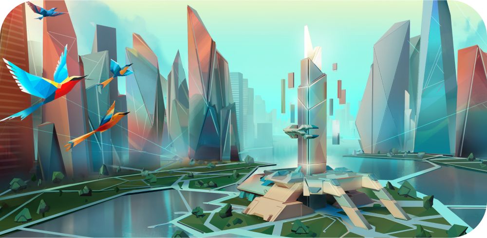 Complete Lumen city is established as a fully functioning machine with buildings and birds surrounding the utopia landscape