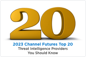 2023 Channel Futures Top 20:というテキストの上の金色の20という数字知っておくべきサイバー脅威インテリジェンスプロバイダ