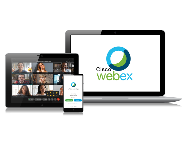 Pantalla de teléfono, pantalla de tableta y pantalla de monitor que muestran el logotipo de Cisco Webex o imágenes de asistentes a una reunión.