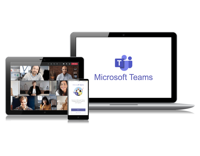 Phone screen, tablet screen and monitor screen showing either the Microsoft Teams logo or images of meeting attendees.