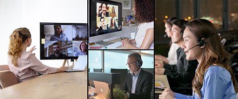 Four tiles of various people collaborating via conference calling software