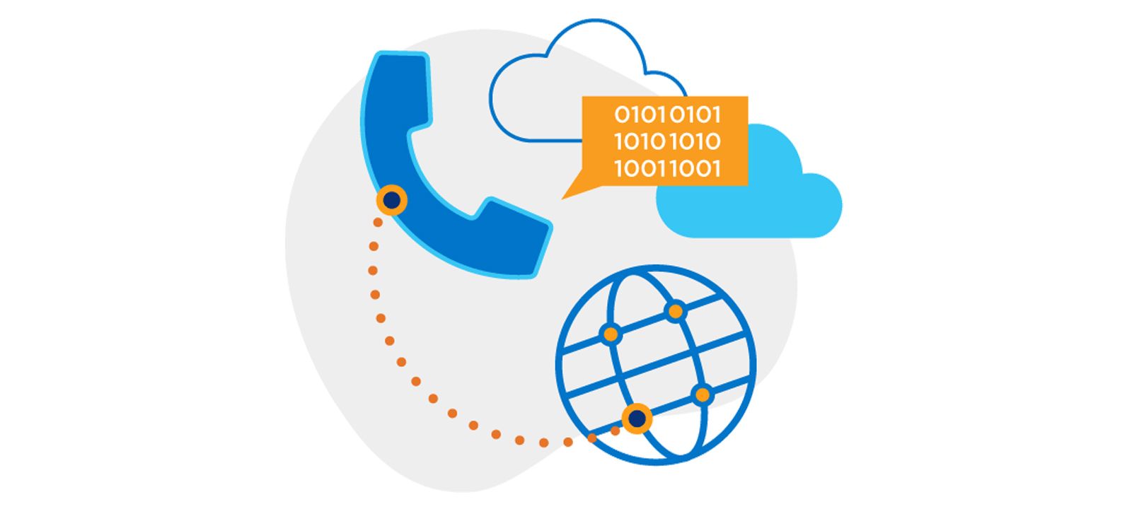 Illustration of a telephone in the sky with a line connecting to a globe icon