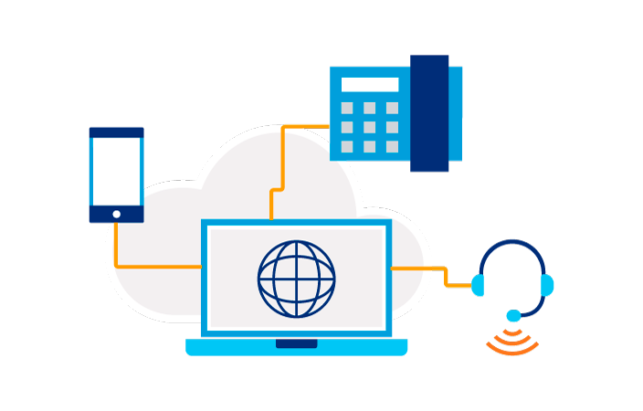 Illustration of a laptop screen with a globe icon on it and three lines connecting a phone, headset & building icon