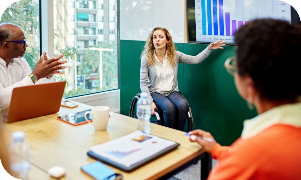 Woman in a wheelchair gesturing towards a screen with graphs on it while two others are sitting and watching